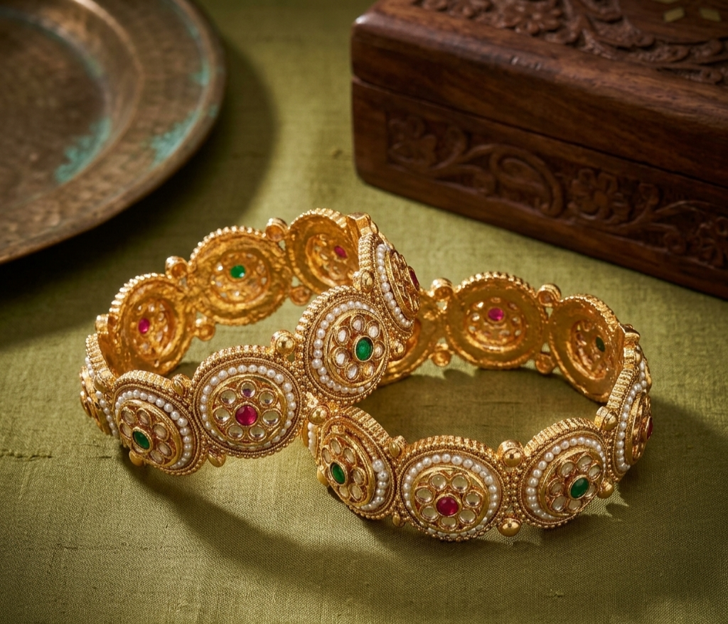 Kasli Traditional Kundan & Pearl Gold-Plated Bangles