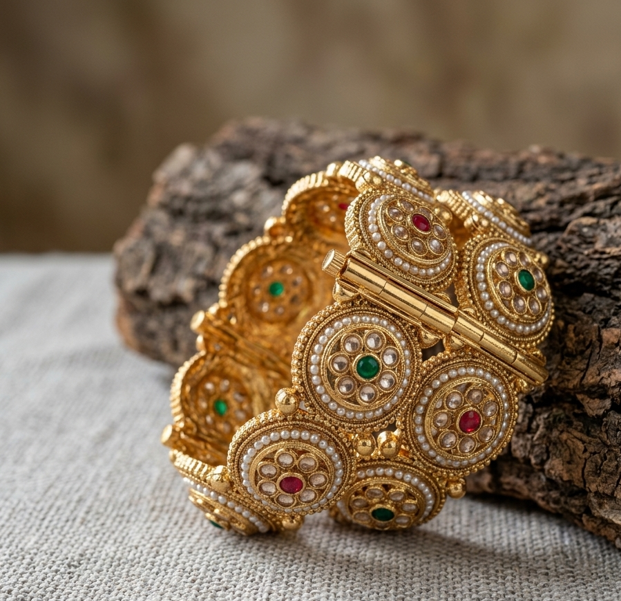 Kasli Traditional Kundan & Pearl Gold-Plated Bangles