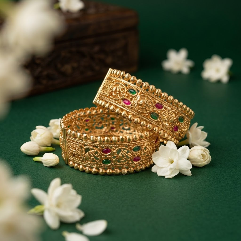 Kasli Traditional Temple Design Antique Gold Kadas with Red & Green Stones