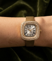 Women Luxury Look Gold Plated Crystal Square Dial Analog Wrist Watch