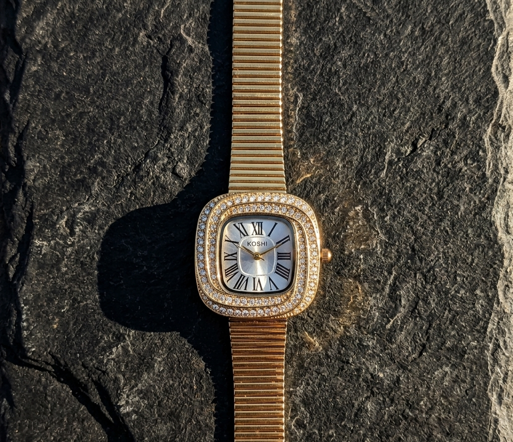 Women Luxury Look Gold Plated Crystal Square Dial Analog Wrist Watch