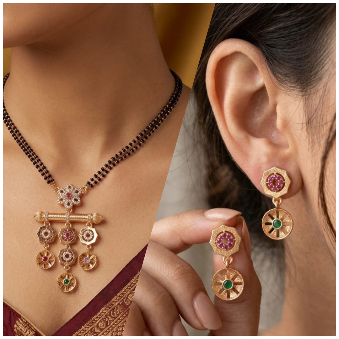 Kasli Elegant Black Beads Stone-Studded Mangalsutra Set for Women