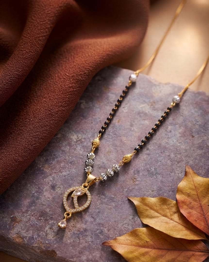 Kasli Daily Wear Gold-Tone Diamond Pendant Mangalsutra