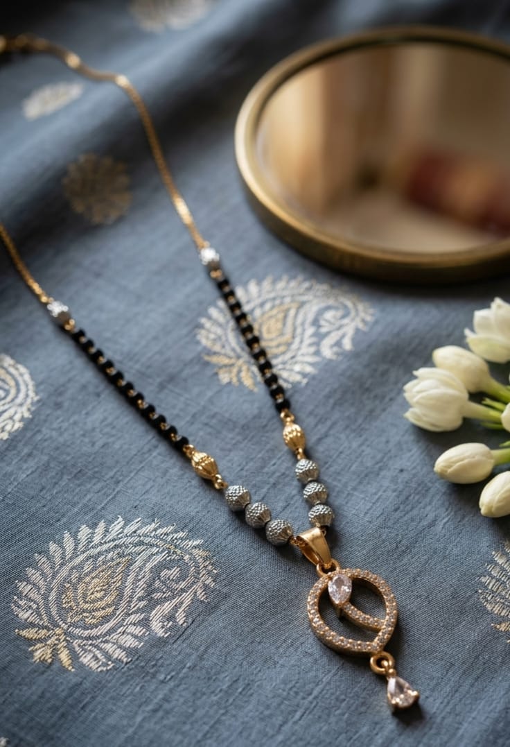 Kasli Daily Wear Gold-Tone Diamond Pendant Mangalsutra