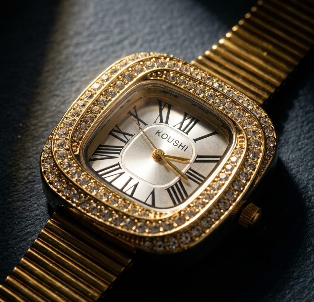 Women Luxury Look Gold Plated Crystal Square Dial Analog Wrist Watch